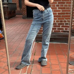 emory park Patchwork Seamed Light Blue Wide-Leg Jeans